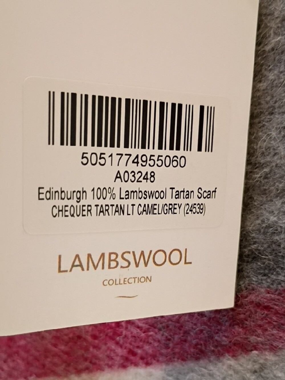 Edinburgh Lambswool Plaid Fringe Scarf in Beige, Gray & Red Stripe 62 X 10 In" - Picture 6 of 7